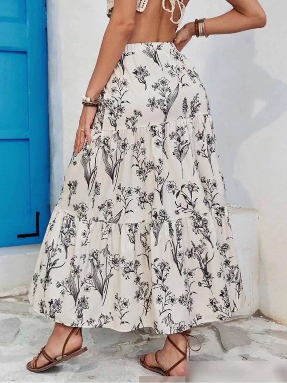 White Floral Tiered Maxi Skirt - Elegant Summer Style - Picture 3 of 4